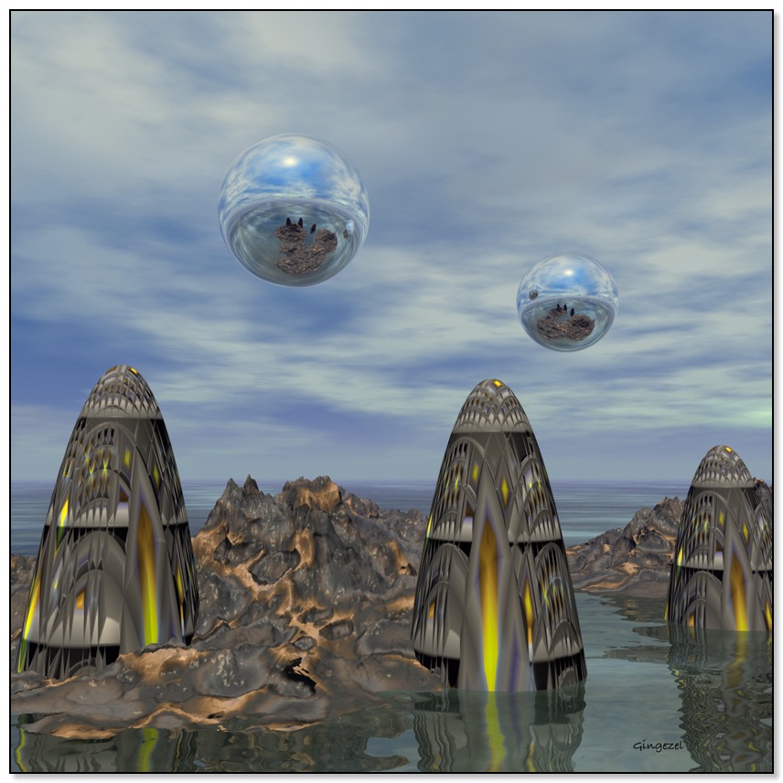 Three Alien Temples and Spherople by Gingezel scifi