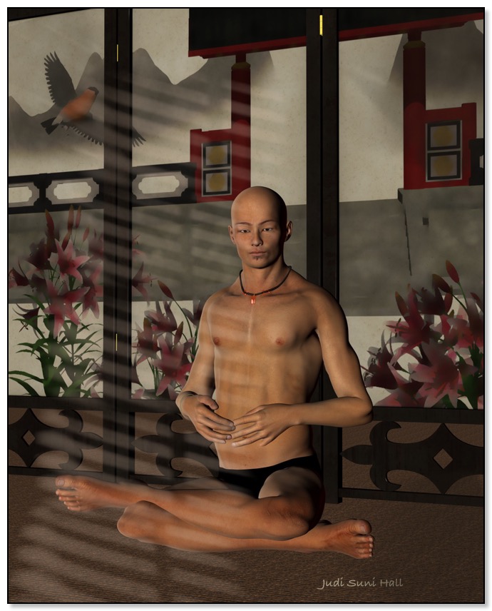 A portrait of Gengo meditating. He is an Octagla player in Gingezel scifi